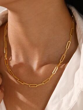 Paperclip Link Necklace Tarnish Free Jewelry 18K Gold Plated Stainless Steel